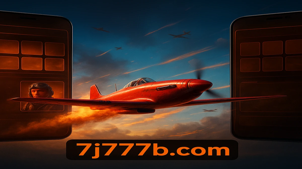 একাধিক স্মার্টফোন স্ক্রিনে 7J777 অ্যাভিয়েটর গেমটি প্রদর্শিত হচ্ছে, যেখানে উড়ন্ত লাল বিমান ও পাইলট জ্যাকেট পরা এক নারী চরিত্র দৃশ্যমান।