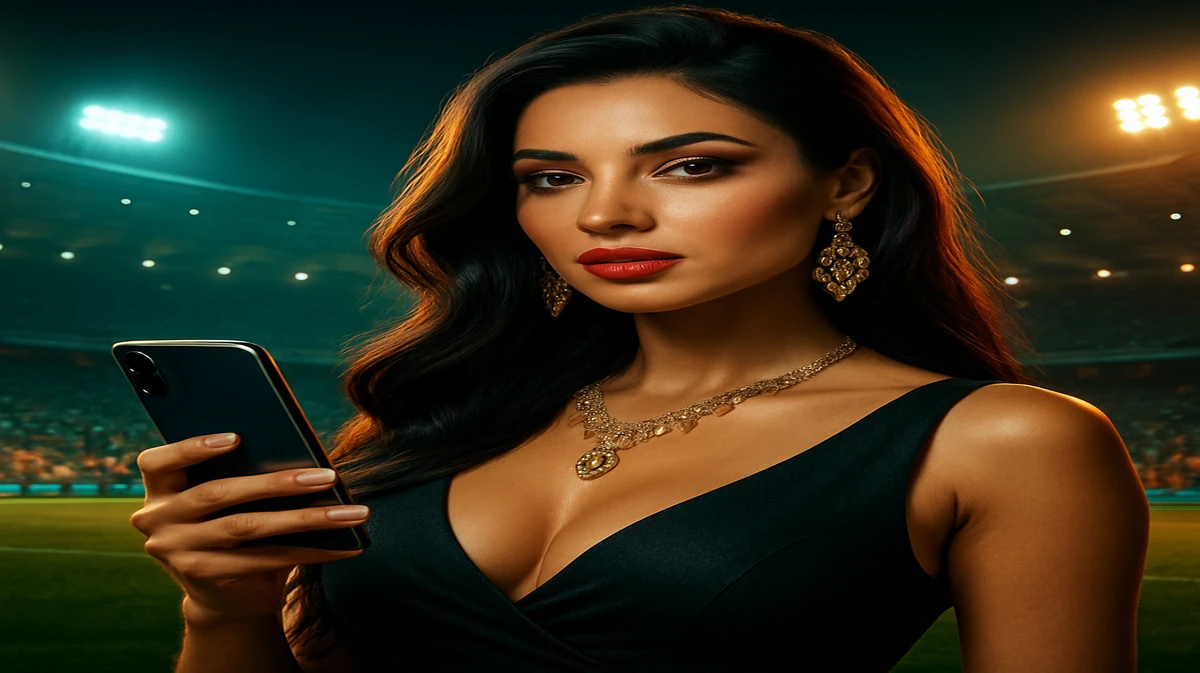 একজন সুন্দরী নারী ভিড়ঘেরা স্টেডিয়াম থেকে তাকিয়ে রয়েছেন, হাতে ধরা স্মার্টফোনে 7J777 স্পোর্টস গেমিং অ্যাপটি খোলা, খেলায় যোগ দেওয়ার জন্য প্রস্তুত।